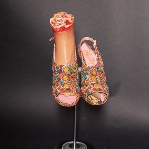 1960s Colorful Floral Block Heel Shoes